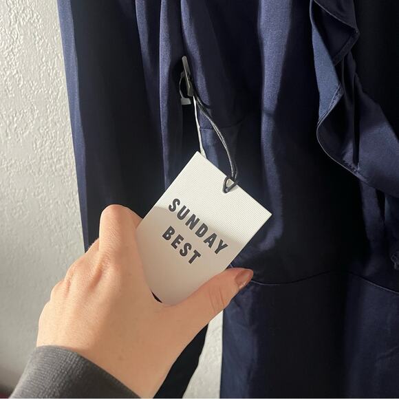 Aritzia Sunday Best Taro Satin Ruffle Mini Wrap Dress - Picture 5 of 7